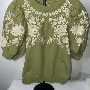 Anthropologie Olive Embroidered Knit Top
